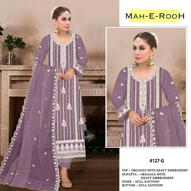 Mah E Rooh 4127 Embroidery Organza Pakistani Suits Wholesale Market
